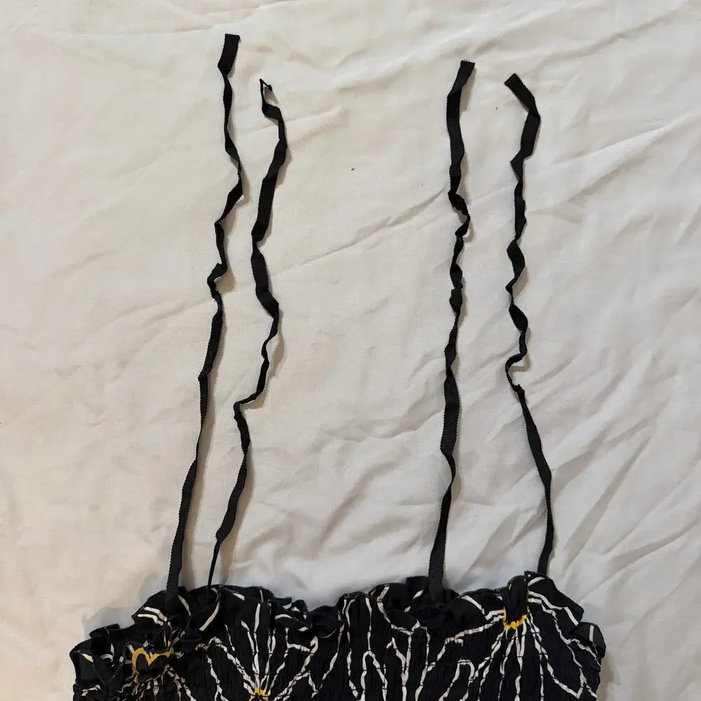 Anna Sui Anthropologie Silk Tie Straps Floral Dress Small S Black Smocked - Picture 8 of 13